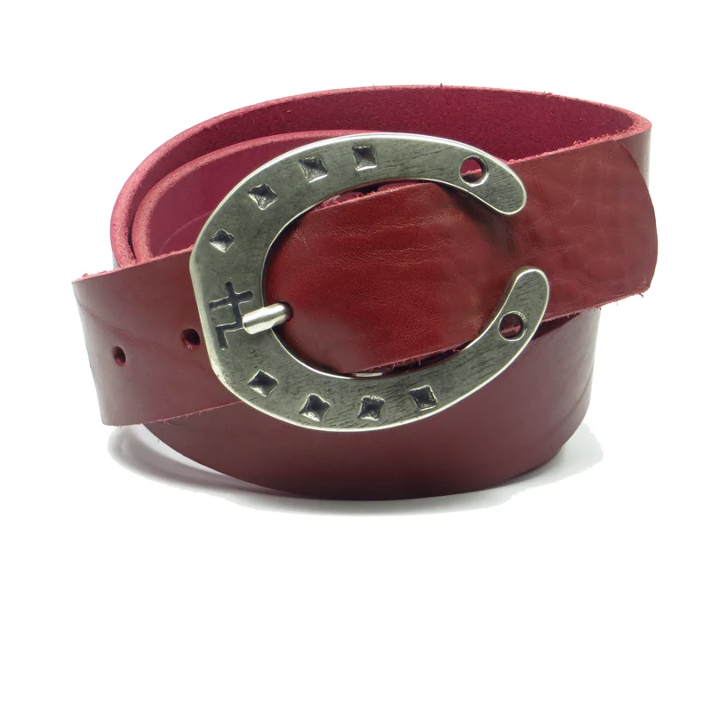 Ledergürtel 4 cm breit bordeaux rot Rindsleder mit Hufeisenschnalle Silber