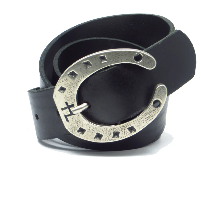 Ledergürtel 4 cm breit schwarz Rindsleder mit Hufeisenschnalle Silber