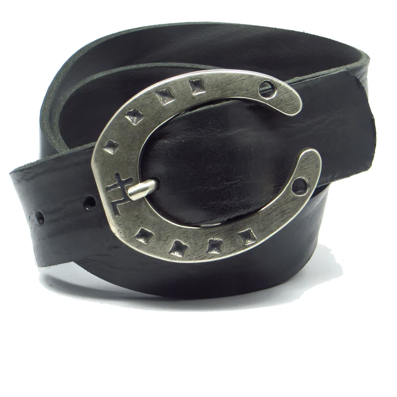 Ledergürtel 4 cm breit schwarz Rindsleder mit Hufeisenschnalle Silber