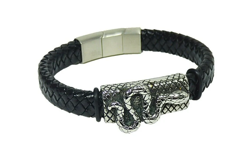 Stabiles Lederarmband geflochten mit Schlange Kobra aus Edelstahl