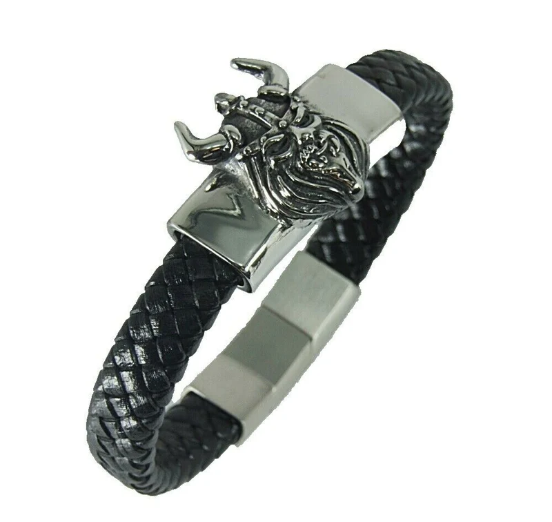 Stabiles Lederarmband geflochten mit Wikinger aus Edelstahl