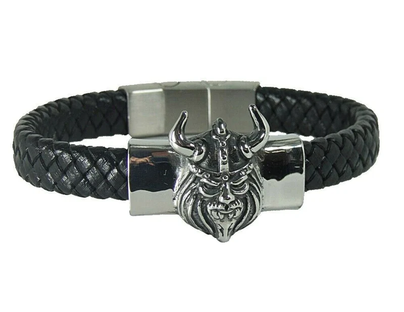 Stabiles Lederarmband geflochten mit Wikinger aus Edelstahl