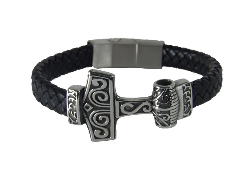 Stabiles Lederarmband geflochten mit Thors Hammer aus Edelstahl