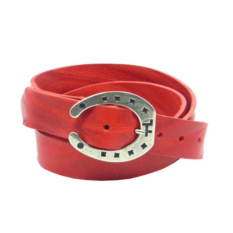 Ledergürtel 3 cm breit rot Rindsleder mit Hufeisenschnalle
