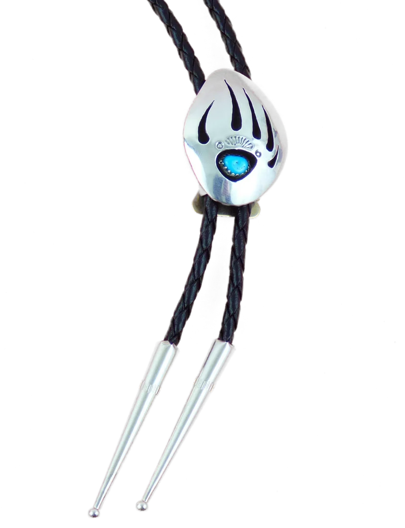 Bolo Tie 925er Silber mit Lederkordel und Silberspitzen Bärentatze mit Türkis