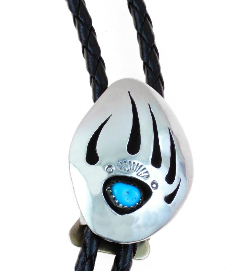 Bolo Tie 925er Silber mit Lederkordel und Silberspitzen Bärentatze mit Türkis