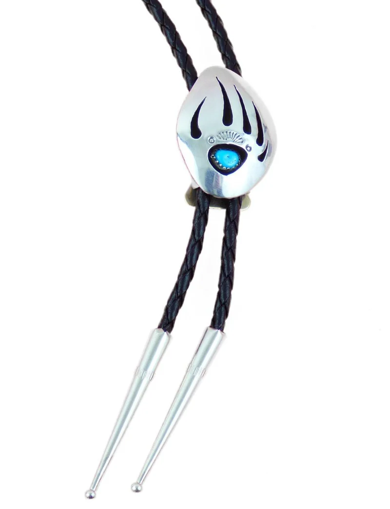 Bolo Tie 925er Silber mit Lederkordel und Silberspitzen Bärentatze mit Türkis