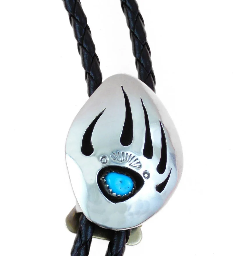 Bolo Tie 925er Silber mit Lederkordel und Silberspitzen Bärentatze mit Türkis