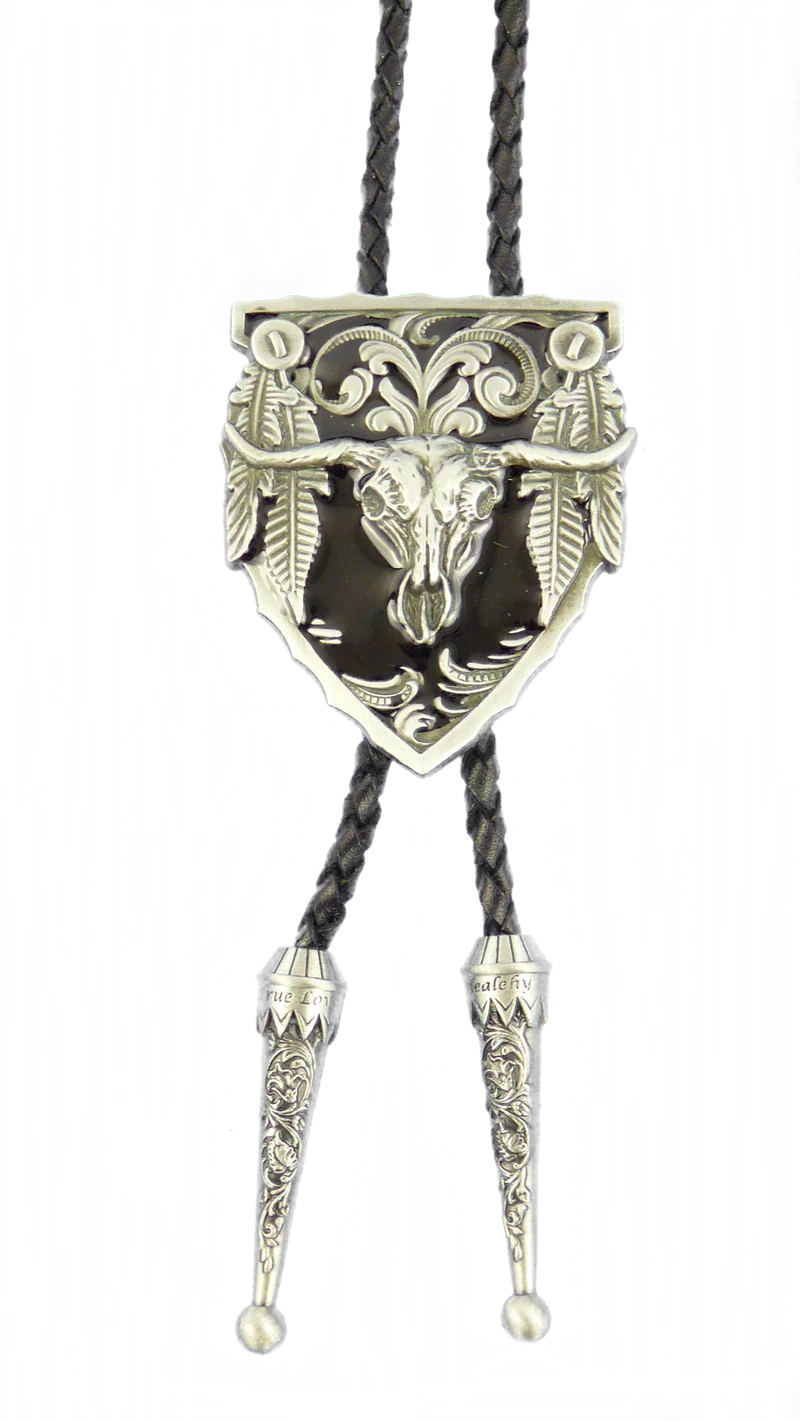 Bolo Tie Westernkrawatte Pfeilspitze mit Longhorn Skull Federn Line Dan