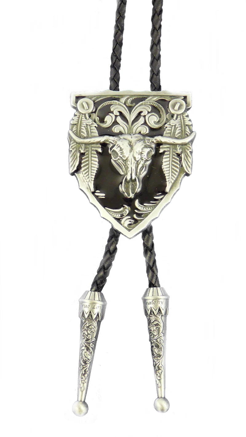 Bolo Tie Westernkrawatte Pfeilspitze mit Longhorn Skull Federn Line Dan