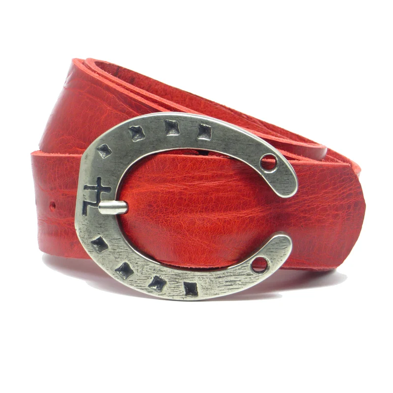 Ledergürtel 4 cm breit rot Rindsleder mit Hufeisenschnalle Silber