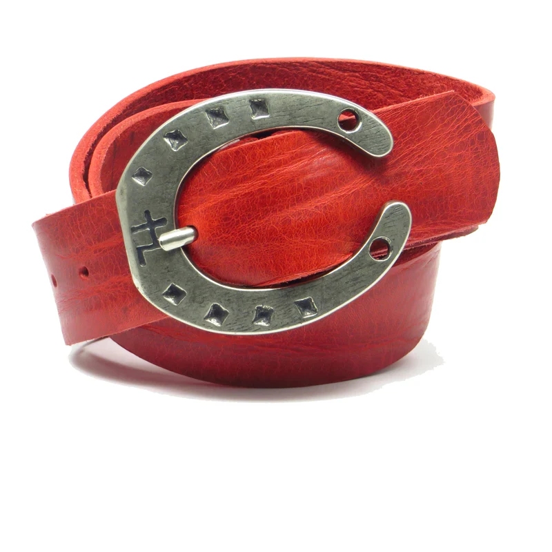 Ledergürtel 4 cm breit rot Rindsleder mit Hufeisenschnalle Silber