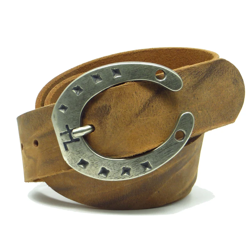 Ledergürtel 4 cm breit natur Büffelleder mit Hufeisenschnalle Silber