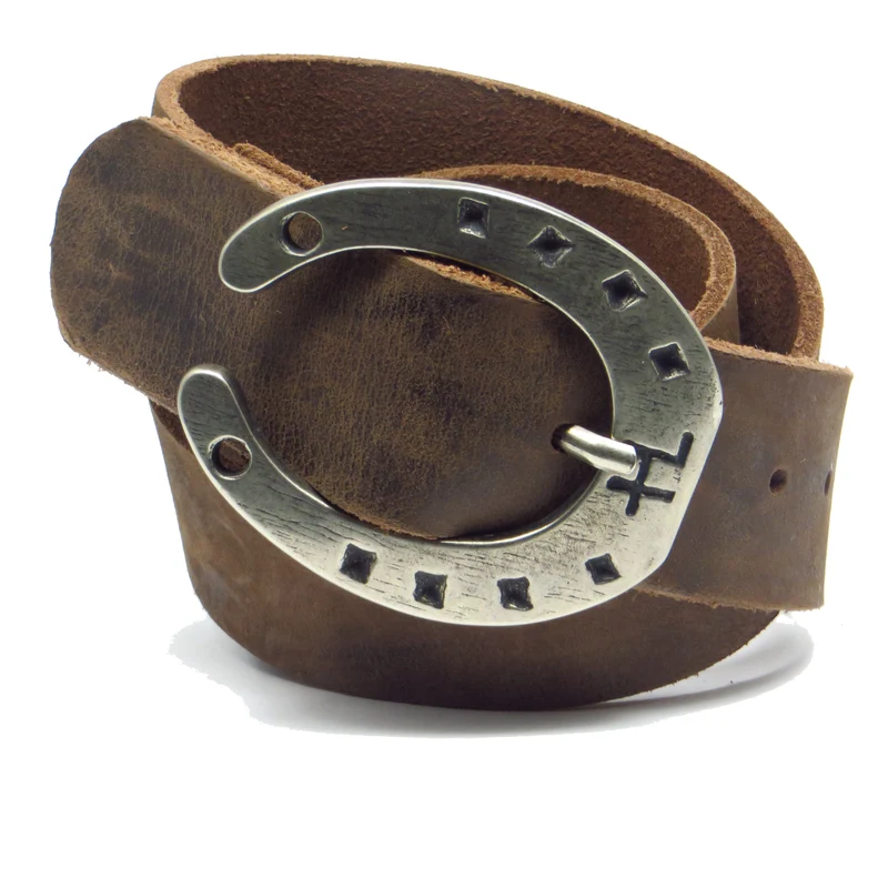 Ledergürtel 4 cm breit dunkelbraun Büffelleder mit Hufeisenschnalle Silber
