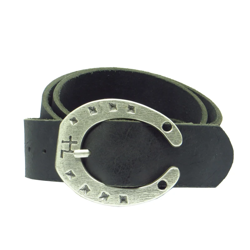 Ledergürtel 4 cm breit schwarz Büffelleder mit Hufeisenschnalle Silber