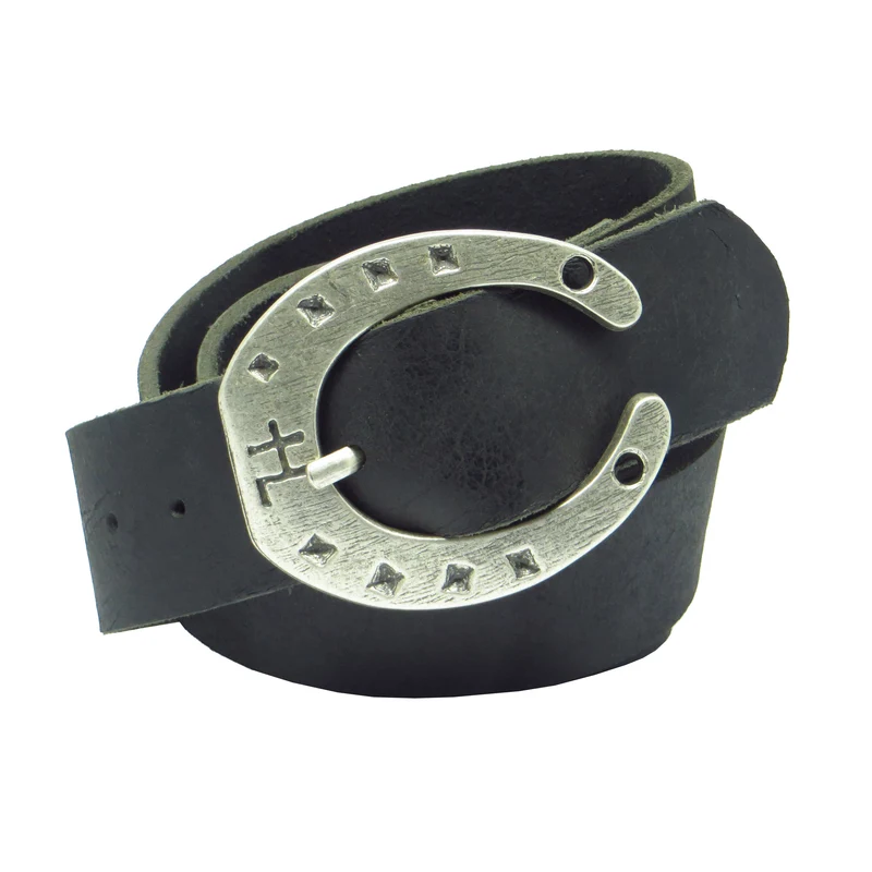 Ledergürtel 4 cm breit schwarz Büffelleder mit Hufeisenschnalle Silber