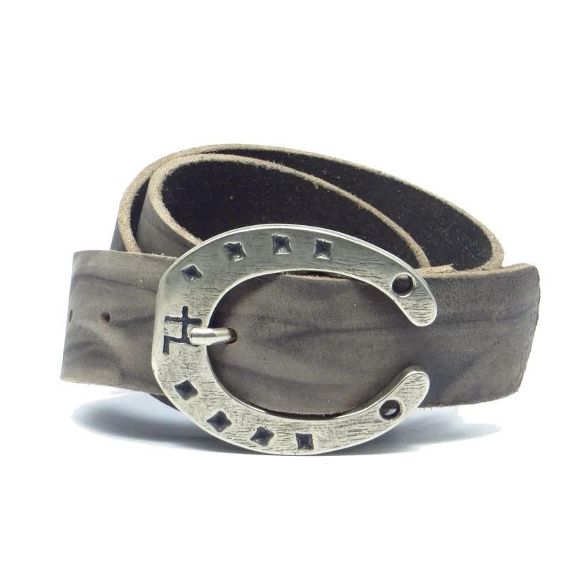 Ledergürtel 4 cm breit grau Büffelleder mit Hufeisenschnalle Silber