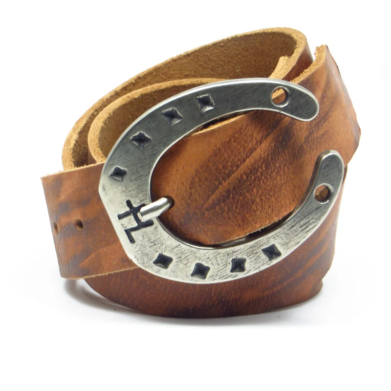 Ledergürtel 4 cm breit braun Büffelleder mit Hufeisenschnalle Silber