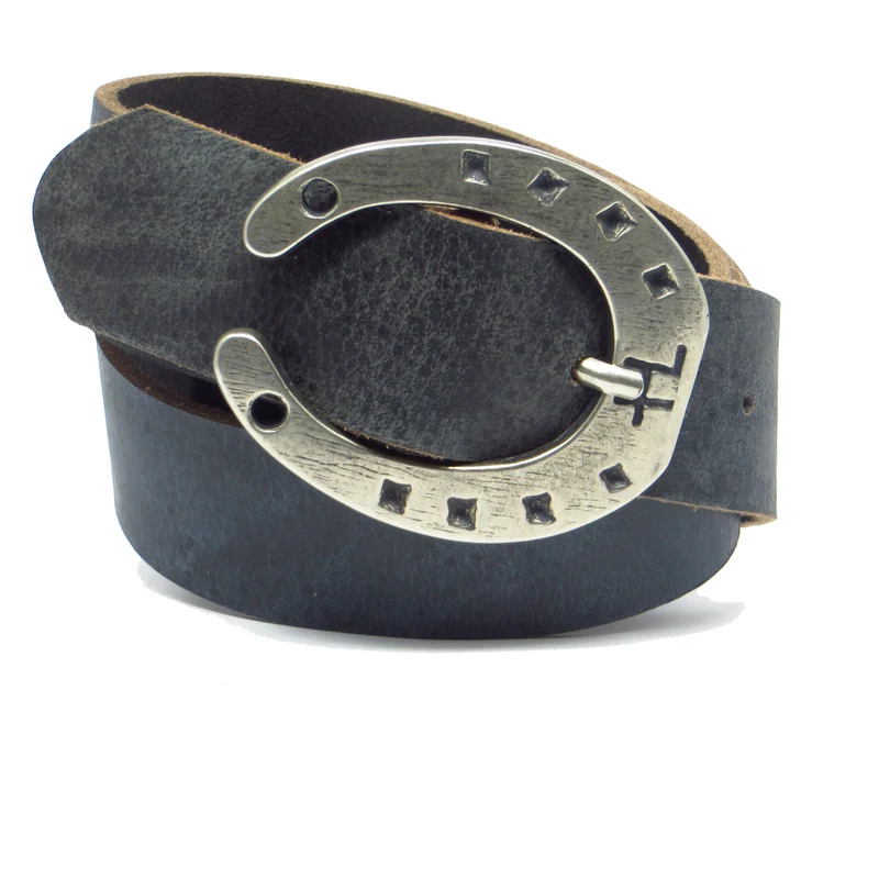Ledergürtel 4 cm breit blau Büffelleder mit Hufeisenschnalle Silber