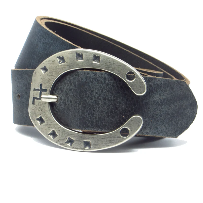 Ledergürtel 4 cm breit blau Büffelleder mit Hufeisenschnalle Silber
