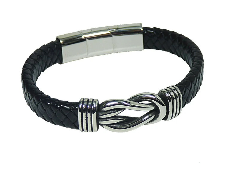Stabiles Lederarmband geflochten mit Knoten aus Edelstahl