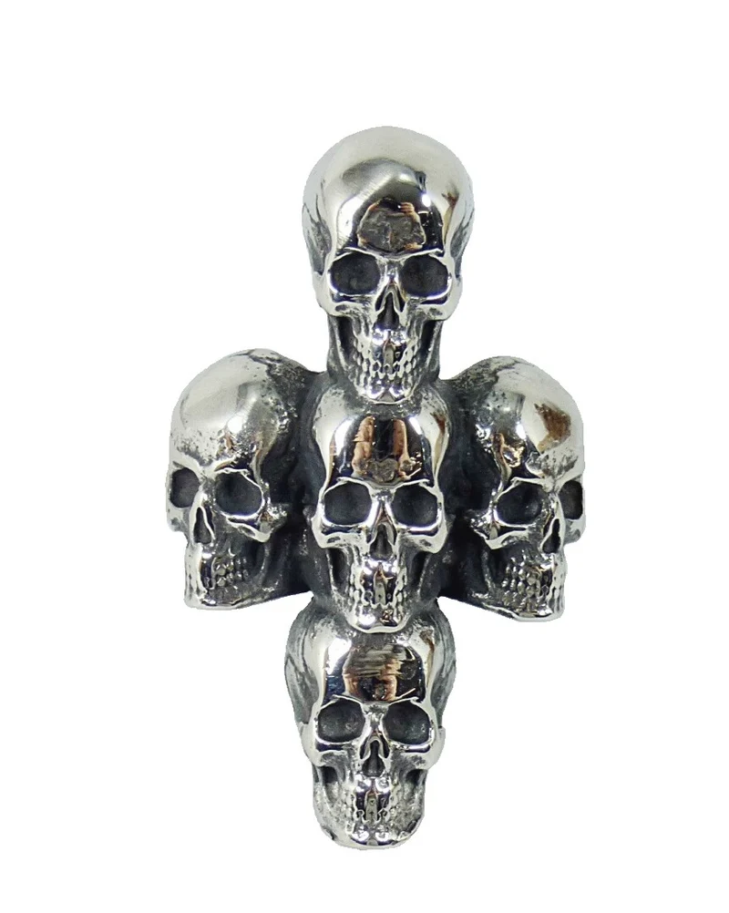 Ring Fingerring Edelstahl 5 Totenköpfe als Kreuz Totenkopf Skull Biker Rocker