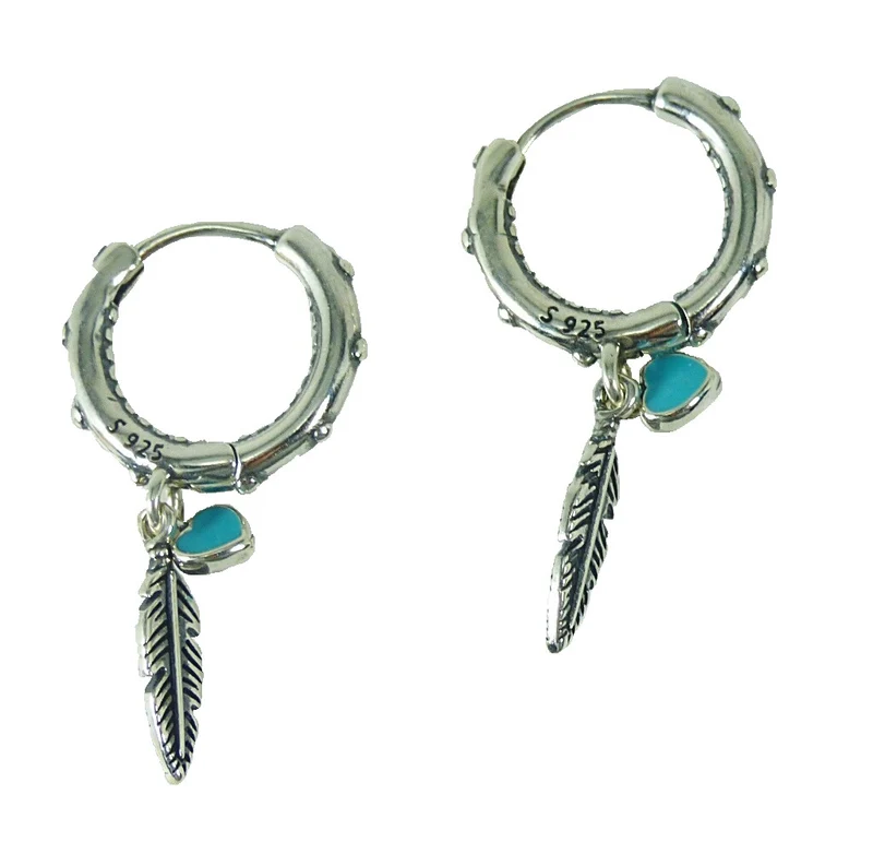Ohrringe Creolen Echt Silber 925 mit Anhänger Feder und Herz Indianerschmuck