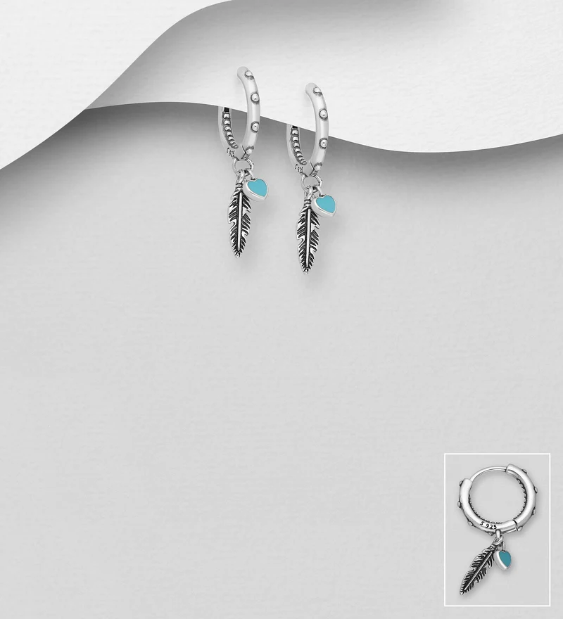 Ohrringe Creolen Echt Silber 925 mit Anhänger Feder und Herz Indianerschmuck