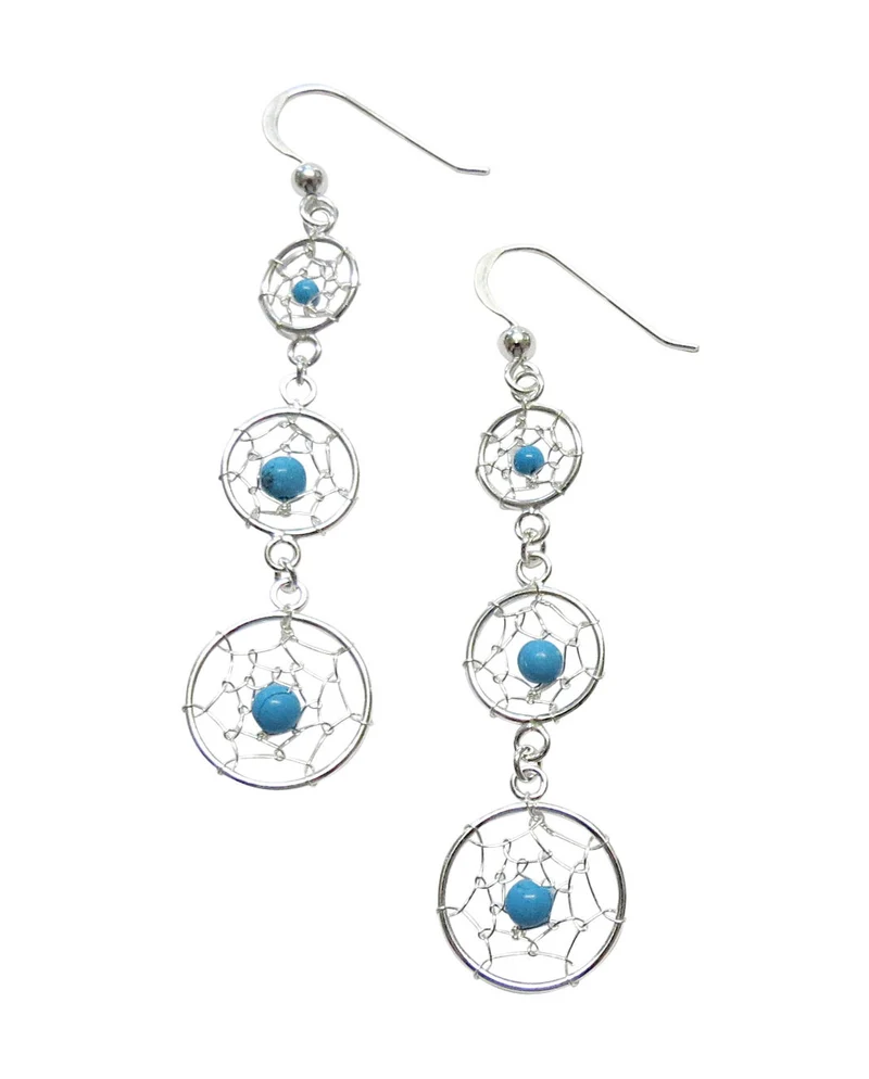 Ohrringe Ohrhänger 3 Traumfänger mit türkiser Perle Feder 925er Sterling Silber