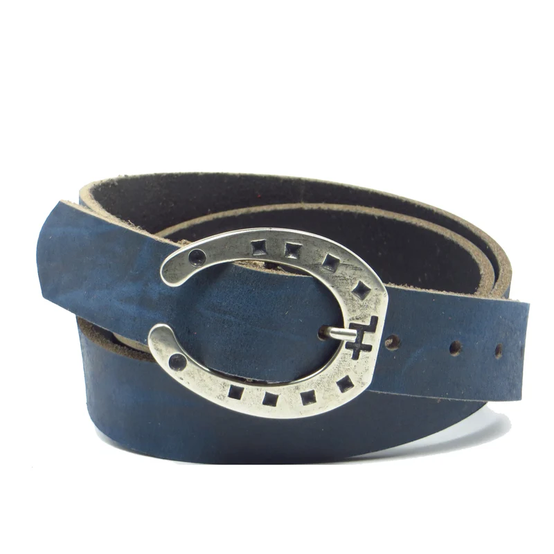Ledergürtel 3 cm breit blau Büffelleder mit Hufeisenschnalle Silber