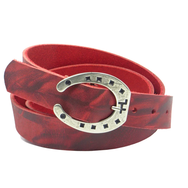 Ledergürtel 3 cm breit rot Büffelleder mit Hufeisenschnalle