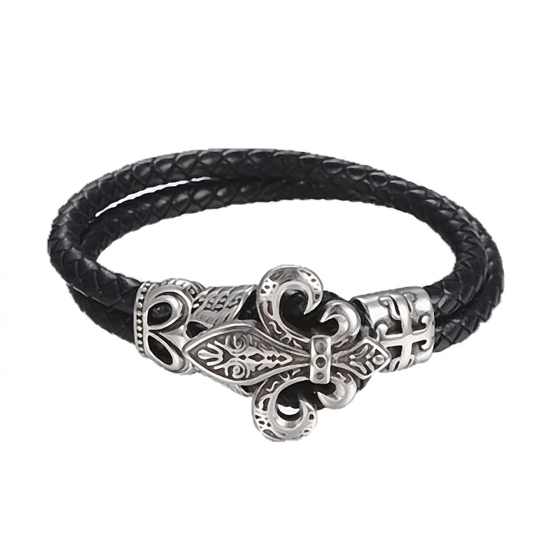 Schwarzes Armband Lederarmband mit Fleur de Lis Ritterlilie aus Edelstahl