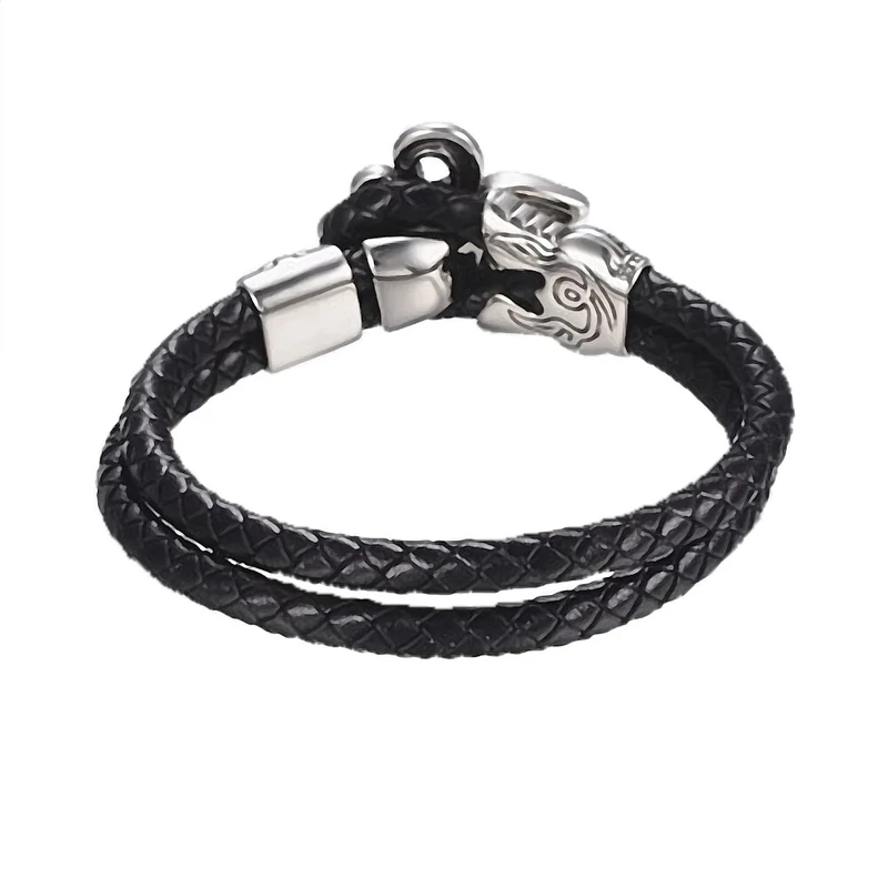 Schwarzes Armband Lederarmband mit Fleur de Lis Ritterlilie aus Edelstahl