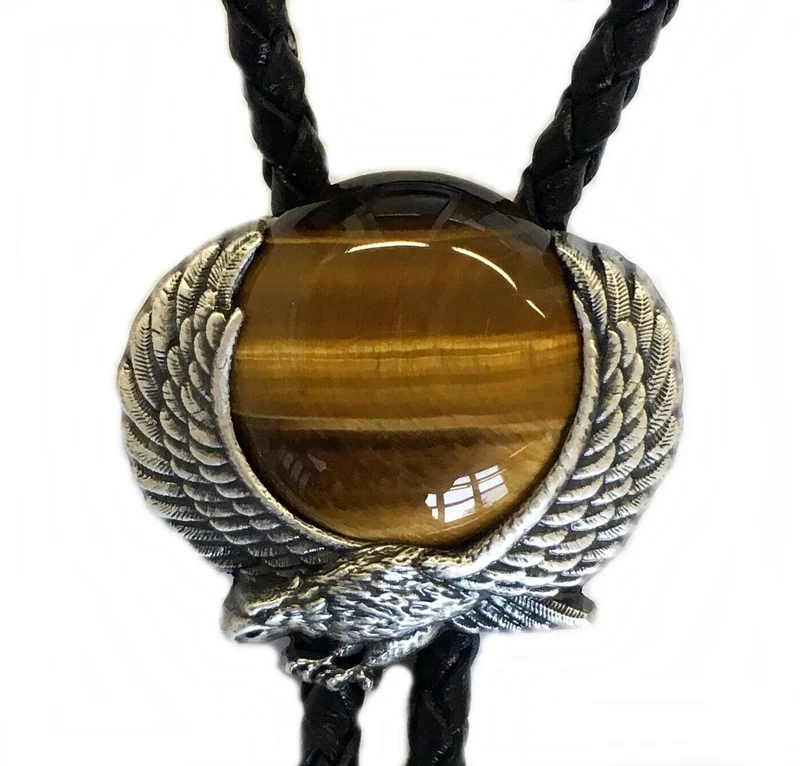 Vintage Bolo Tie Adler mit großem Tigerauge, Westernkrawatte, echt versilbert