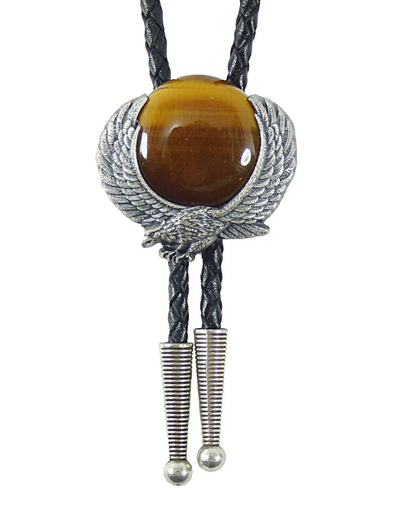 Vintage Bolo Tie Adler mit großem Tigerauge, Westernkrawatte, echt versilbert