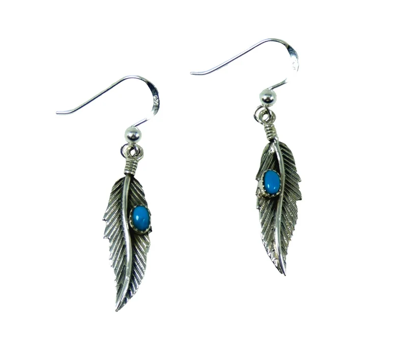 Ohrringe Ohrhänger Feder mit Türkis 925 er Sterling Silber Indianerschmuck