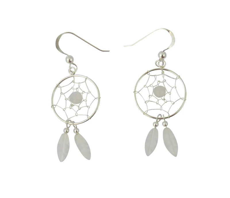 Ohrringe Ohrhänger Traumfänger Perle, Feder aus Mondstein 925er Silber 18 mm