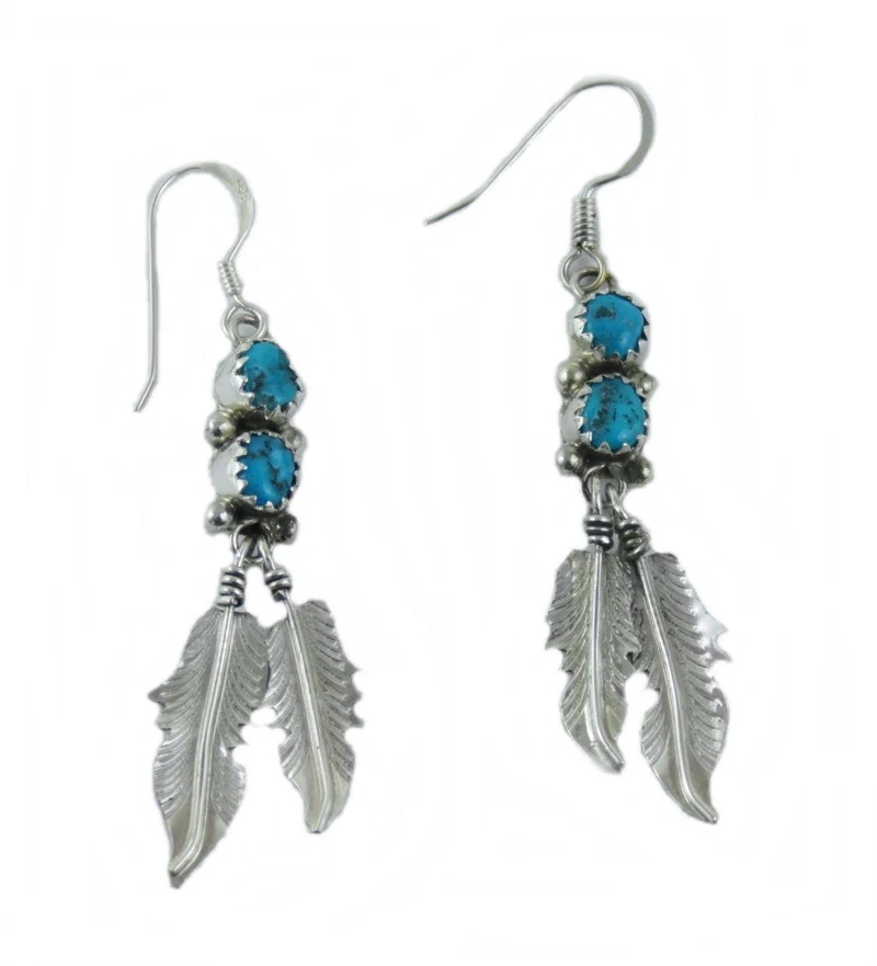 Ohrringe Ohrhänger Indianerschmuck Türkis mit 2 Ferdern 925er Silber Navajo