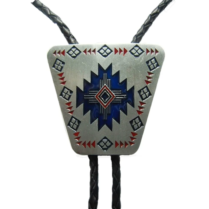 Blaues Azteken Ornament Bolo Tie Westernkrawatte Lederkordel