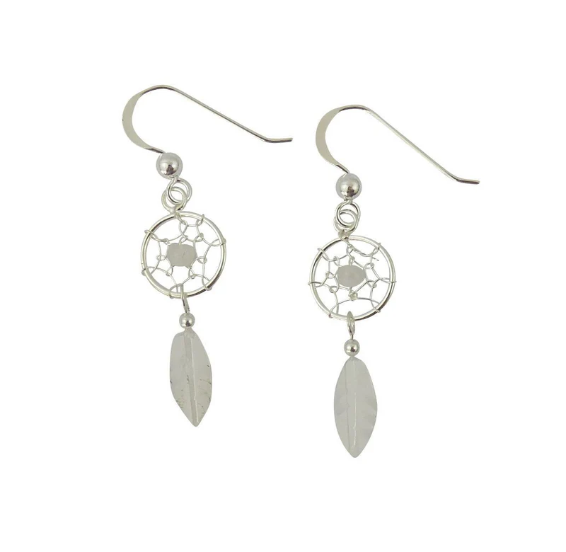 Ohrringe Ohrhänger Traumfänger Perle, Feder aus Mondstein 925er Sterling Silber