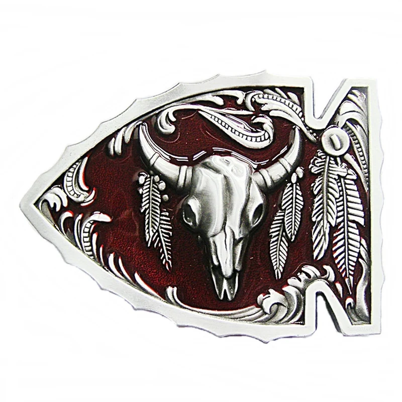Gürtelschnalle Buckle Gürtelschließe Pfeilspitze Skull Longhorn Federn rot