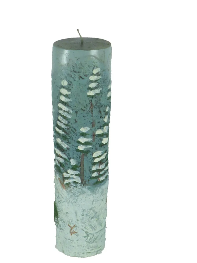 Kerze Weihnachtskerze mit Winterlandschaft Tannenbaum Wald Schnee Adventskerze