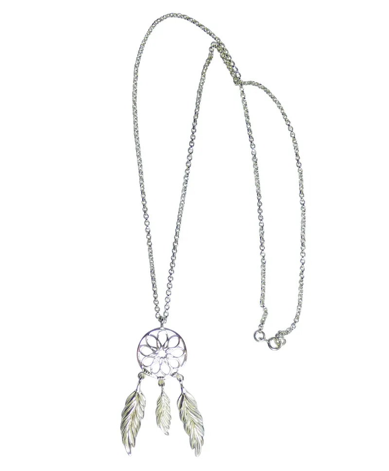 Kette Collier massiv 925er Sterling Silber mit Anhänger Traumfänger 3 Federn