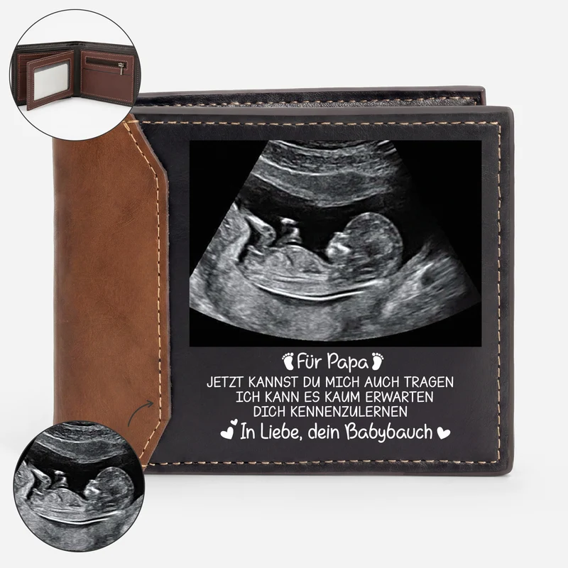 Ich Kann Kaum Erwarten Dich Wieder Zu Sehen - Personalisiertes Geschenk | Premium Leder Portemonnaie Herren Ultraschallbild Baby