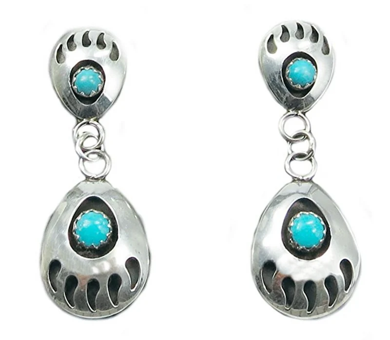 Ohrstecker Ohrringe 925er Sterling Silber, 2 Bärentatzen und Türkisnugget Navajo