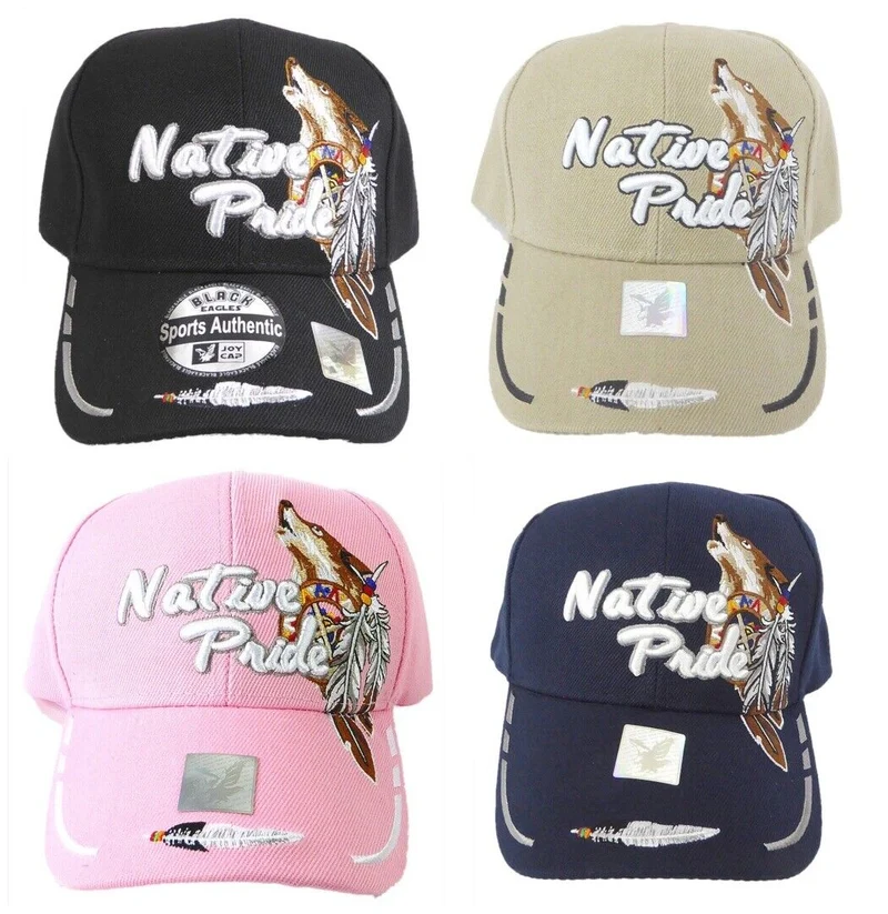 Baseballcap Base Cap Mütze mit Schild und bestickt mit Wolf Federn Native Pride