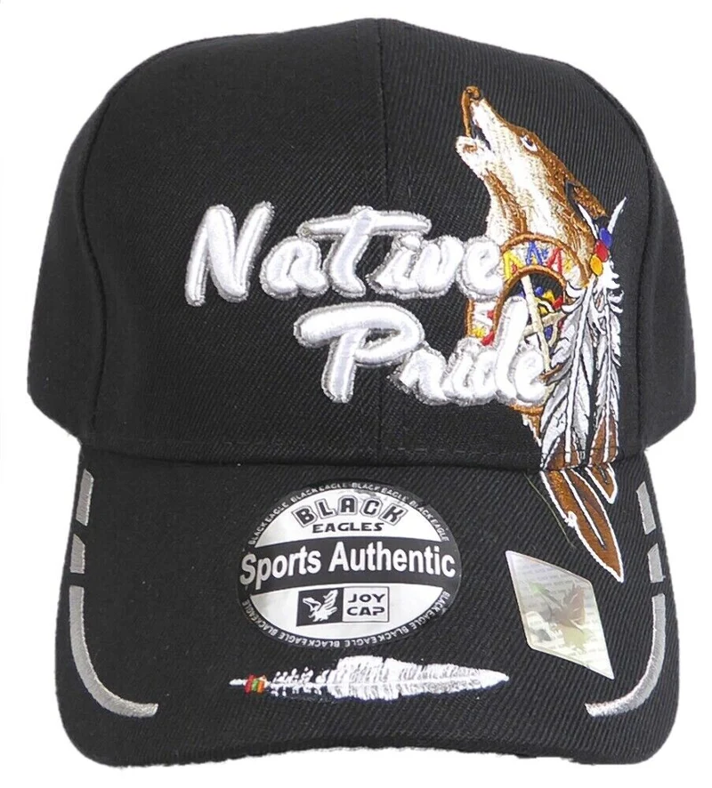Baseballcap Base Cap Mütze mit Schild und bestickt mit Wolf Federn Native Pride