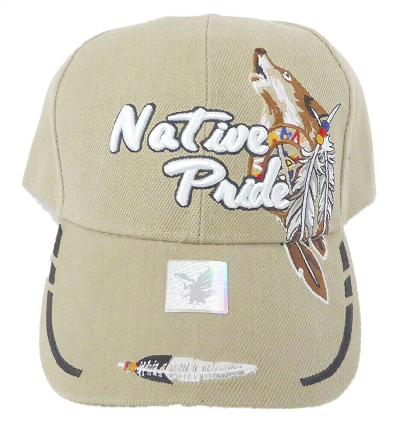 Baseballcap Base Cap Mütze mit Schild und bestickt mit Wolf Federn Native Pride