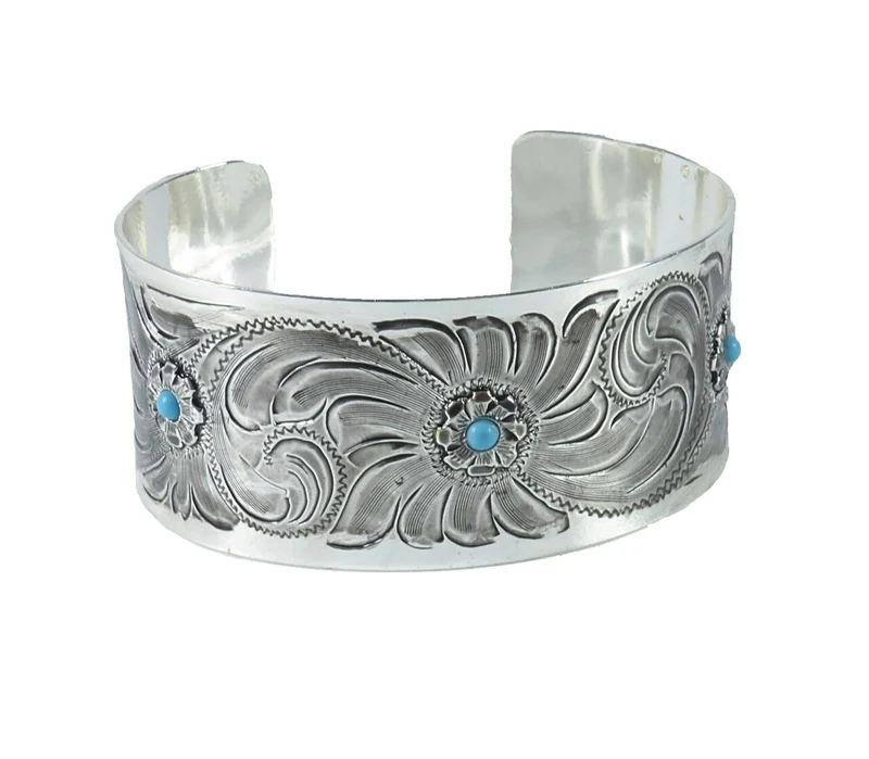 Breiter Armreifen Armspange aus German Silver Handgraviert mit türkisen Steinen