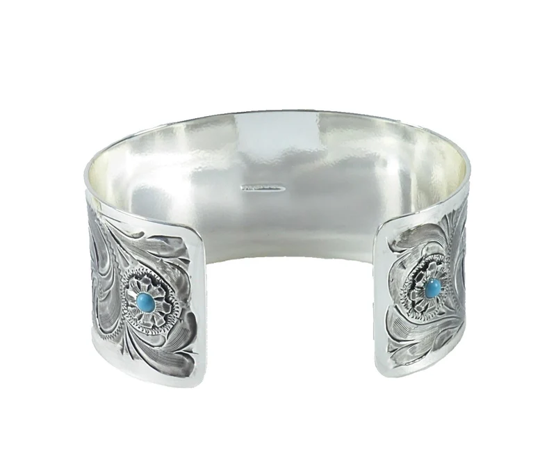 Breiter Armreifen Armspange aus German Silver Handgraviert mit türkisen Steinen
